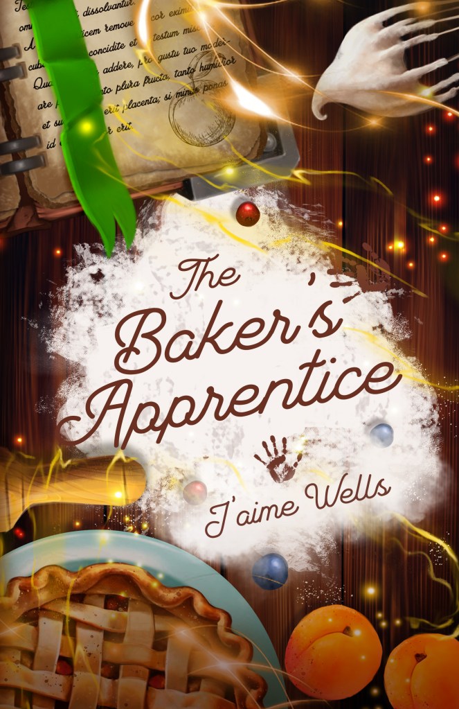 Book cover for The Baker's Apprentice, illustrated with a cookbook, a pie, fruit, and baking tools.